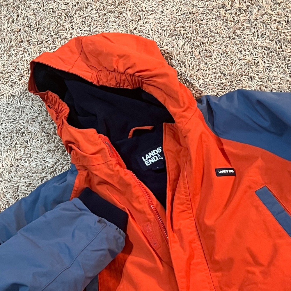 Lands End Orange Gray Hooded Winter Jacket Parka Coat Youth Size L 14-16 Warm